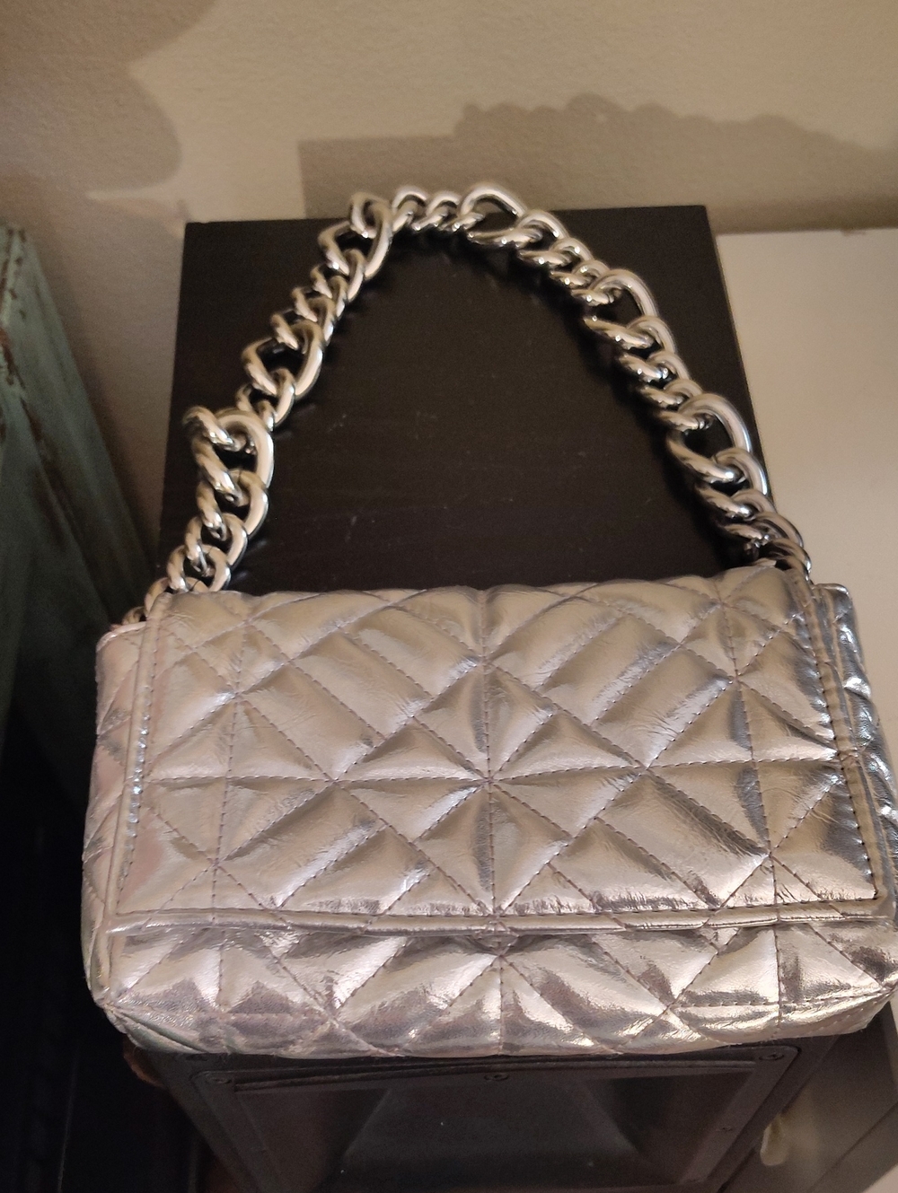 Like New Zara Quilted Metallic Shoulder Bag with Chain Strap - Silver